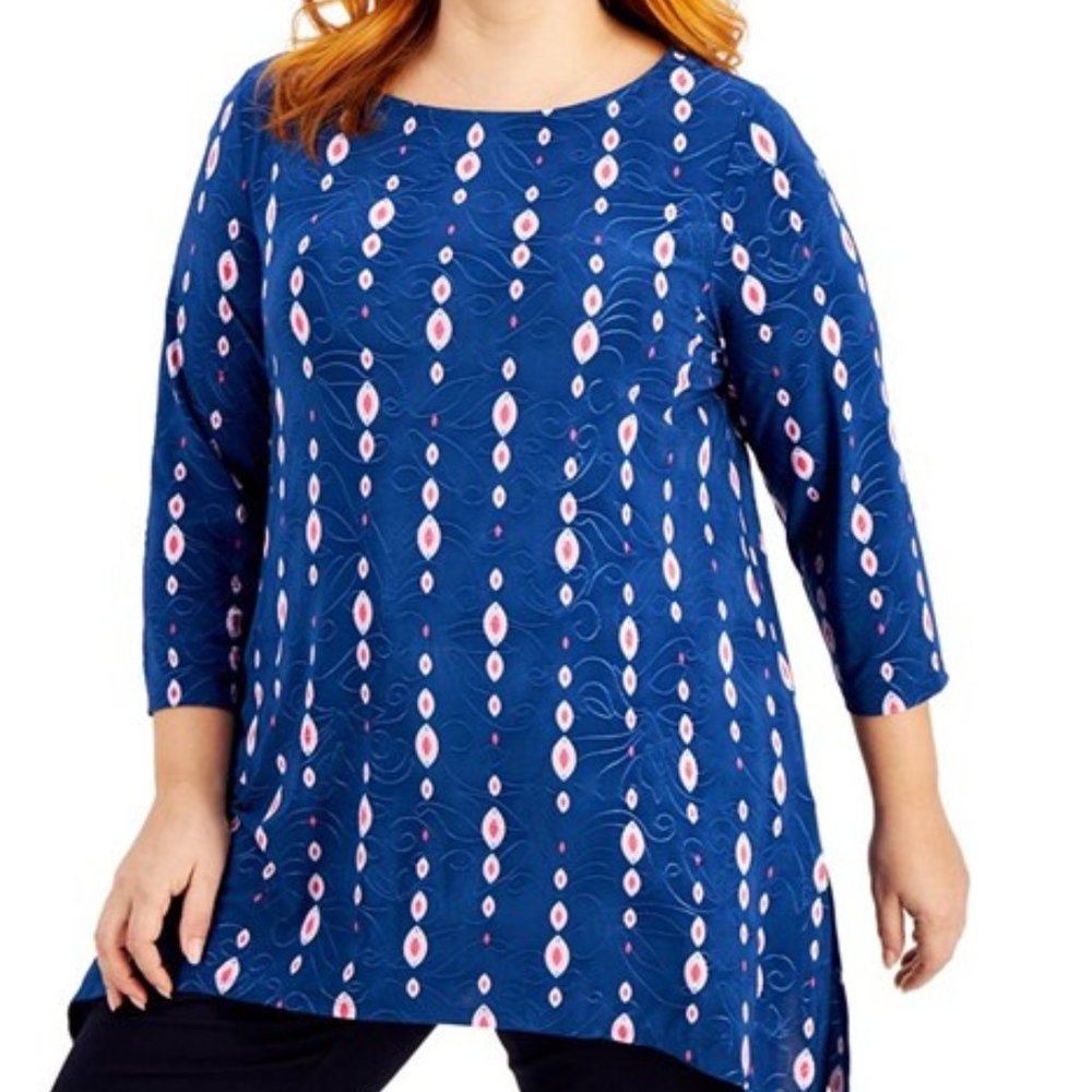 JM Collection Plus Size Printed Jacquard Handkerchief Hem Top NWT